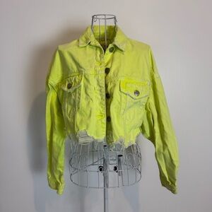 Zara Women’s Neon Green yellow Denim Distressed Crop Jeans Jacket Size XS